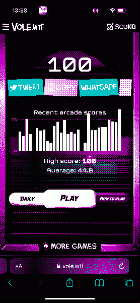 A screenshot of my 100 score in DayBrix arcade mode. Please send help.