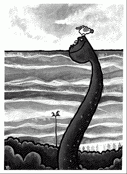 A brontosaurus with a herring gull on its head, painted from life in Adelaide Terrace, Hove